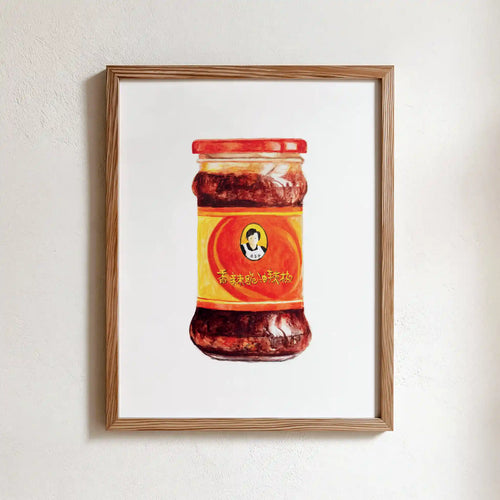 spicy chili crisp watercolor art print, framed food packaging illustration for modern wall decor