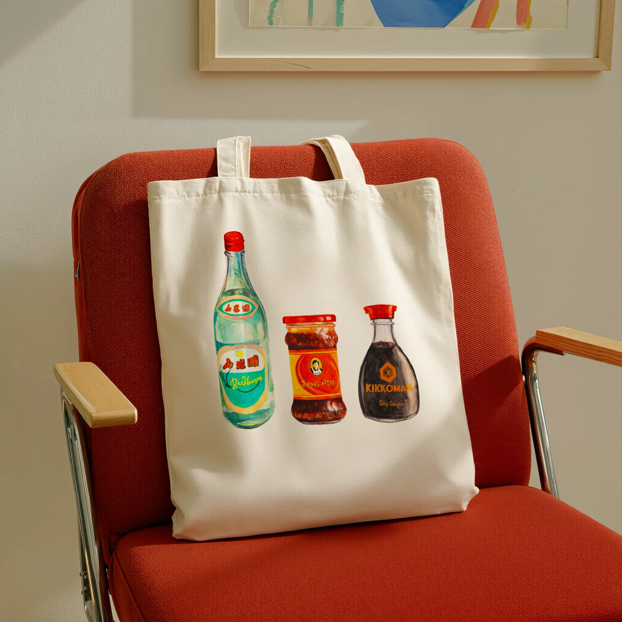 kikkoman soy sauce watercolor illustration cotton tote bag shown in a modern interior