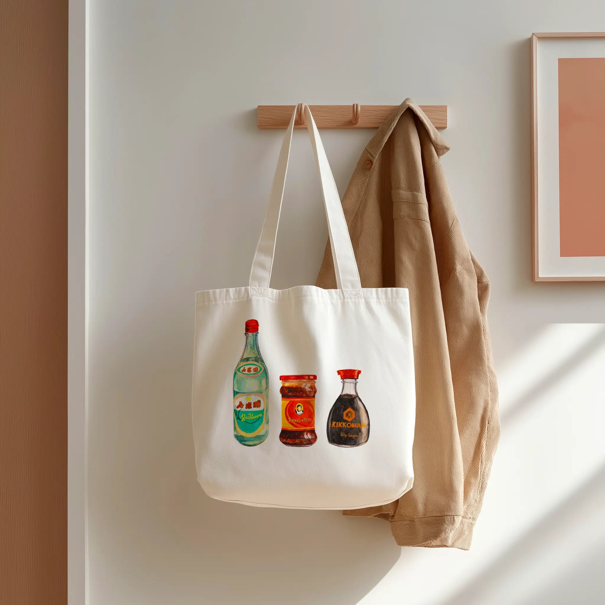 kikkoman soy sauce and asian sauce watercolor illustration cotton tote bag for modern interior