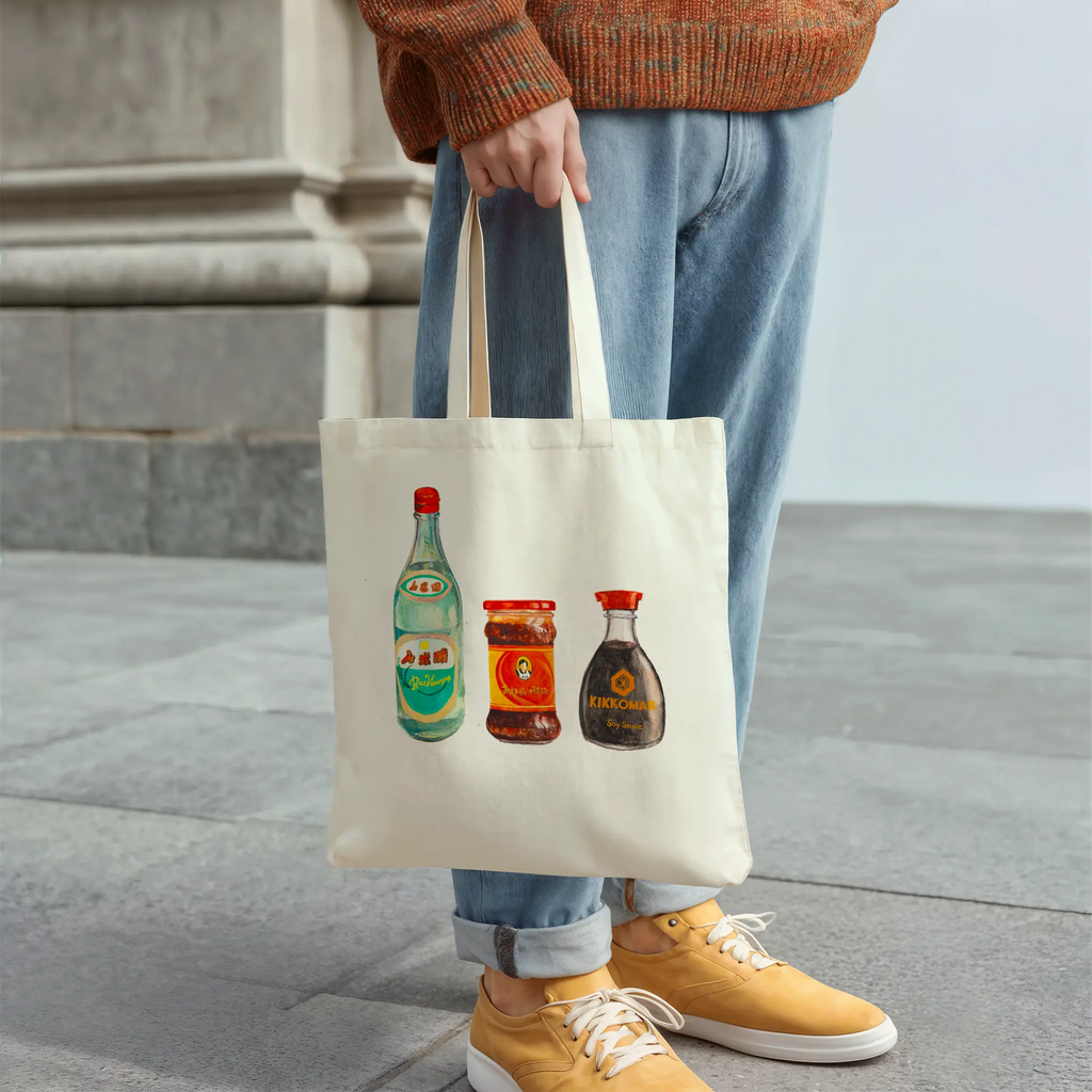 kikkoman soy sauce original watercolor design tote bag for action happening in image