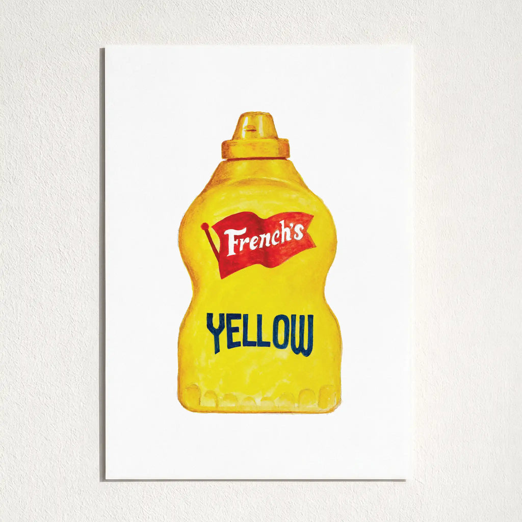 A square art print featuring a stylized yellow mustard bottle with the French's logo and the word 'YELLOW' in blue, displayed against a textured off-white wall.