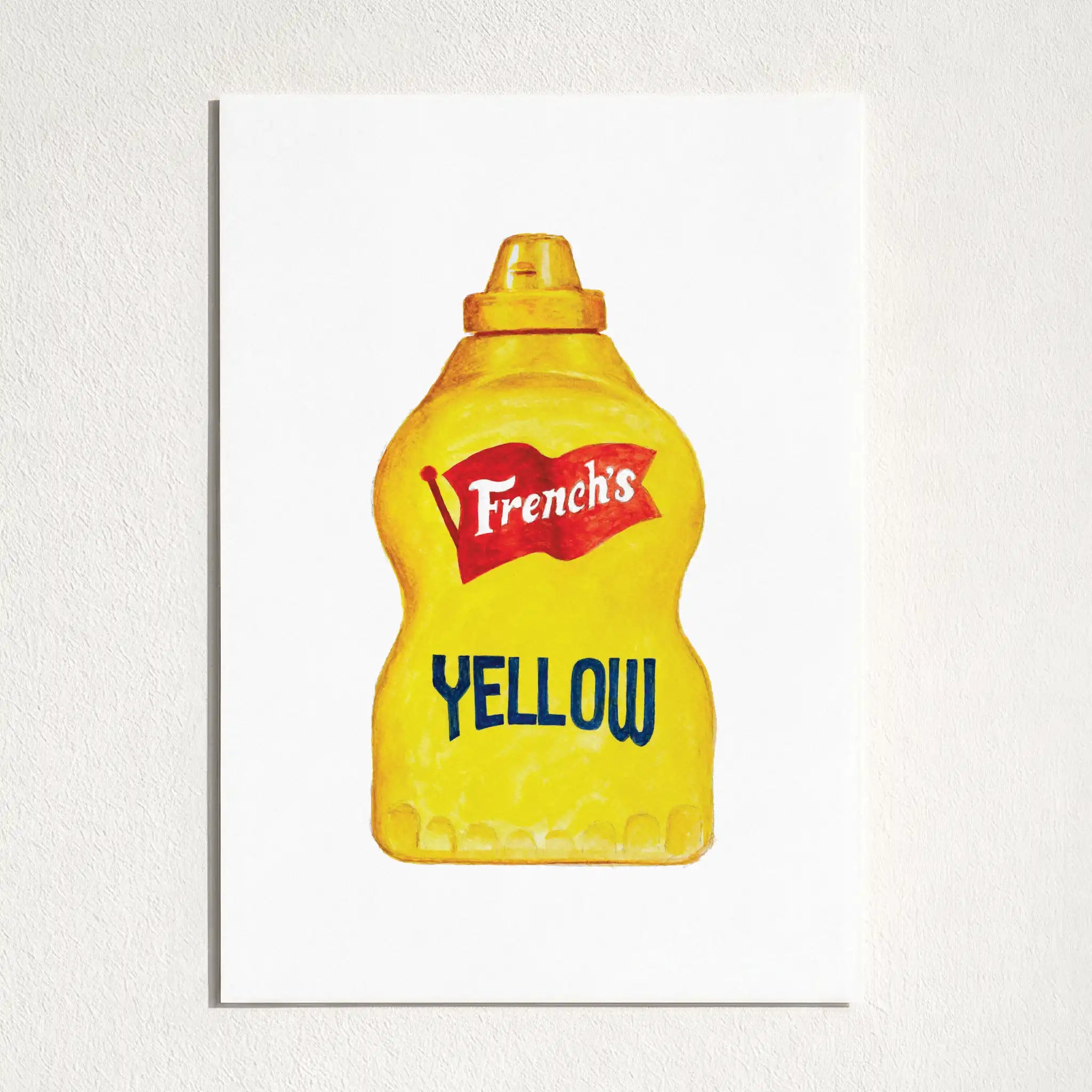 A square art print featuring a stylized yellow mustard bottle with the French's logo and the word 'YELLOW' in blue, displayed against a textured off-white wall.