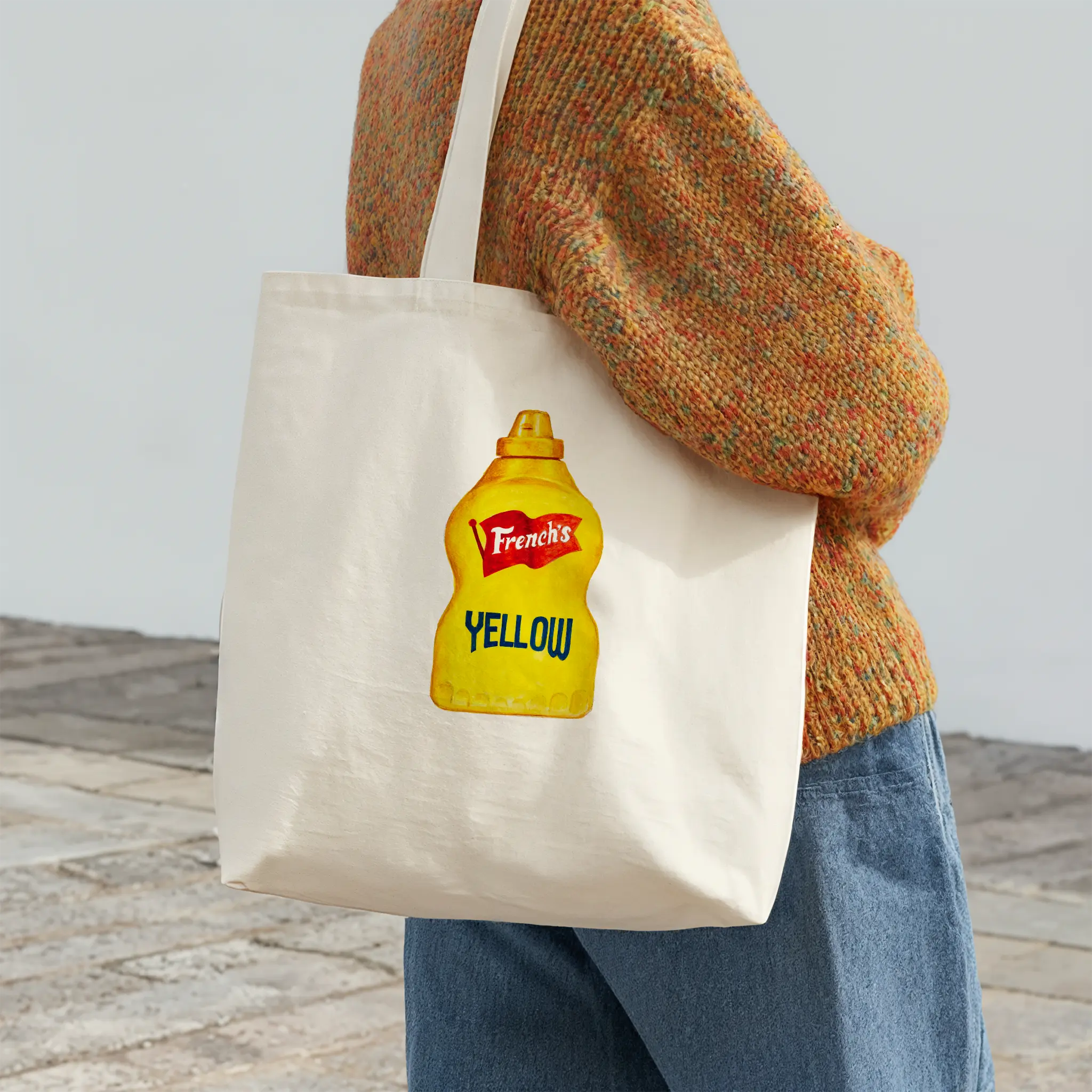 french's yellow original watercolor design cotton tote bag for action happening in image