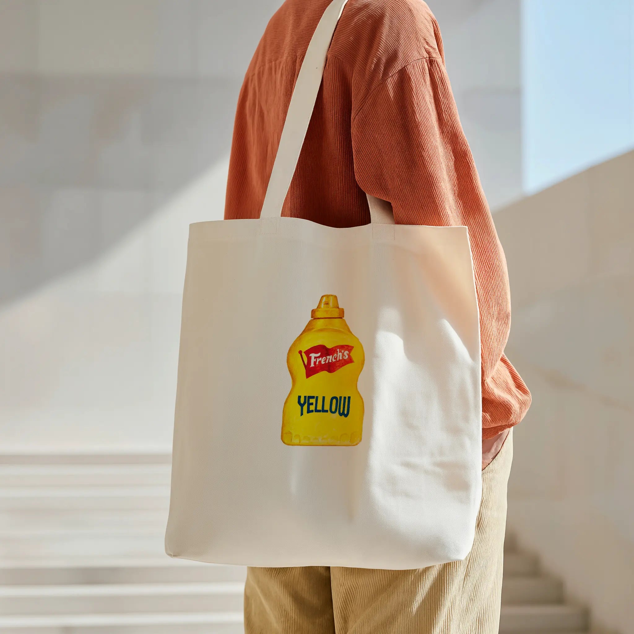 French's yellow mustard watercolor design cotton tote bag for everyday use