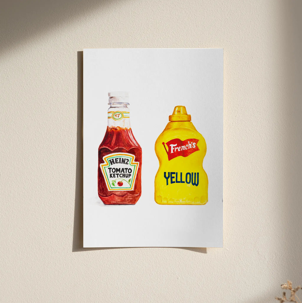 heinz ketchup and french's yellow mustard watercolor art print for kitchen wall decor