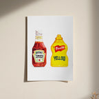 heinz ketchup and french's yellow mustard watercolor art print for kitchen wall decor