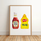 heinz ketchup and french’s yellow mustard watercolor print, framed kitchen wall decor