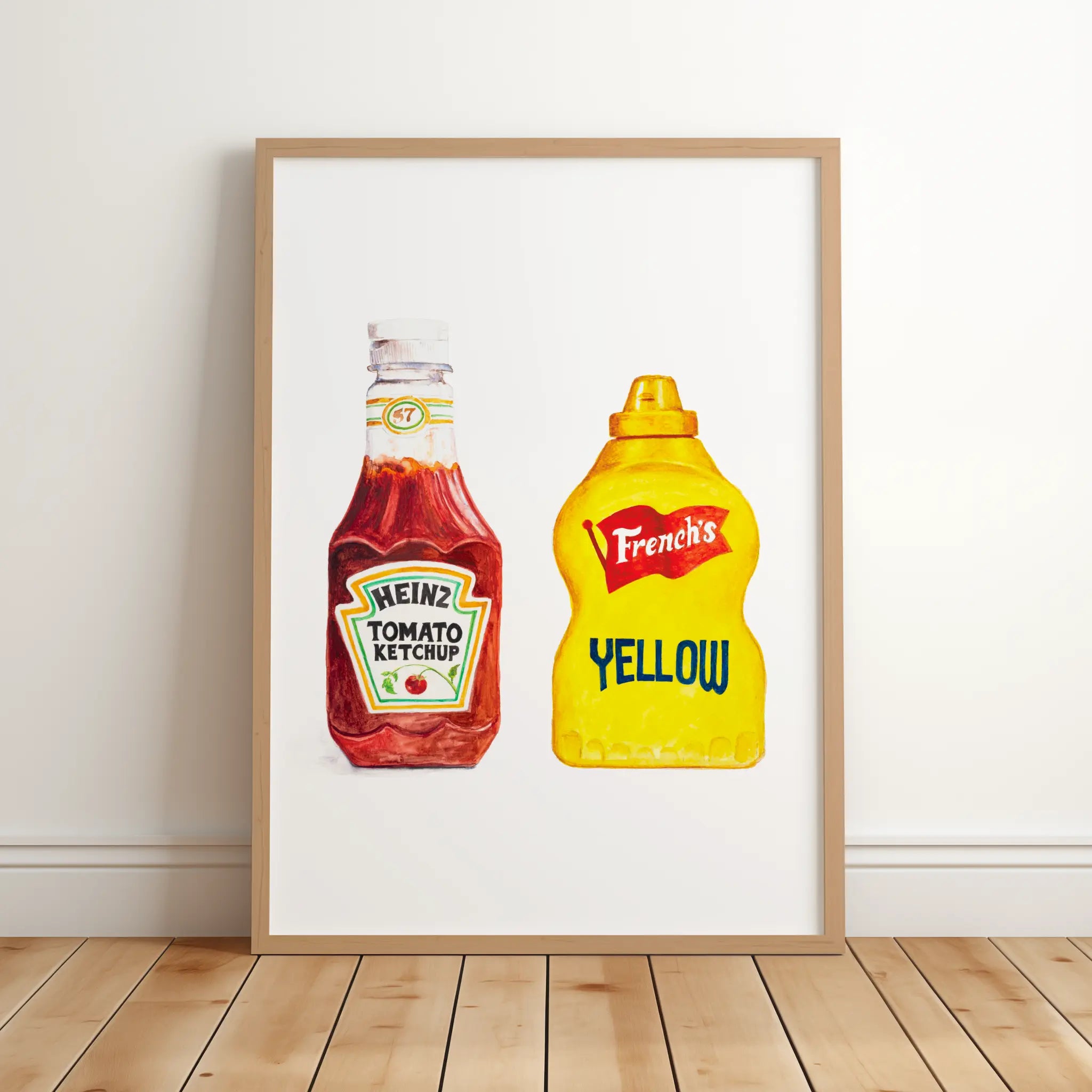 heinz ketchup and french’s yellow mustard watercolor print, framed kitchen wall decor
