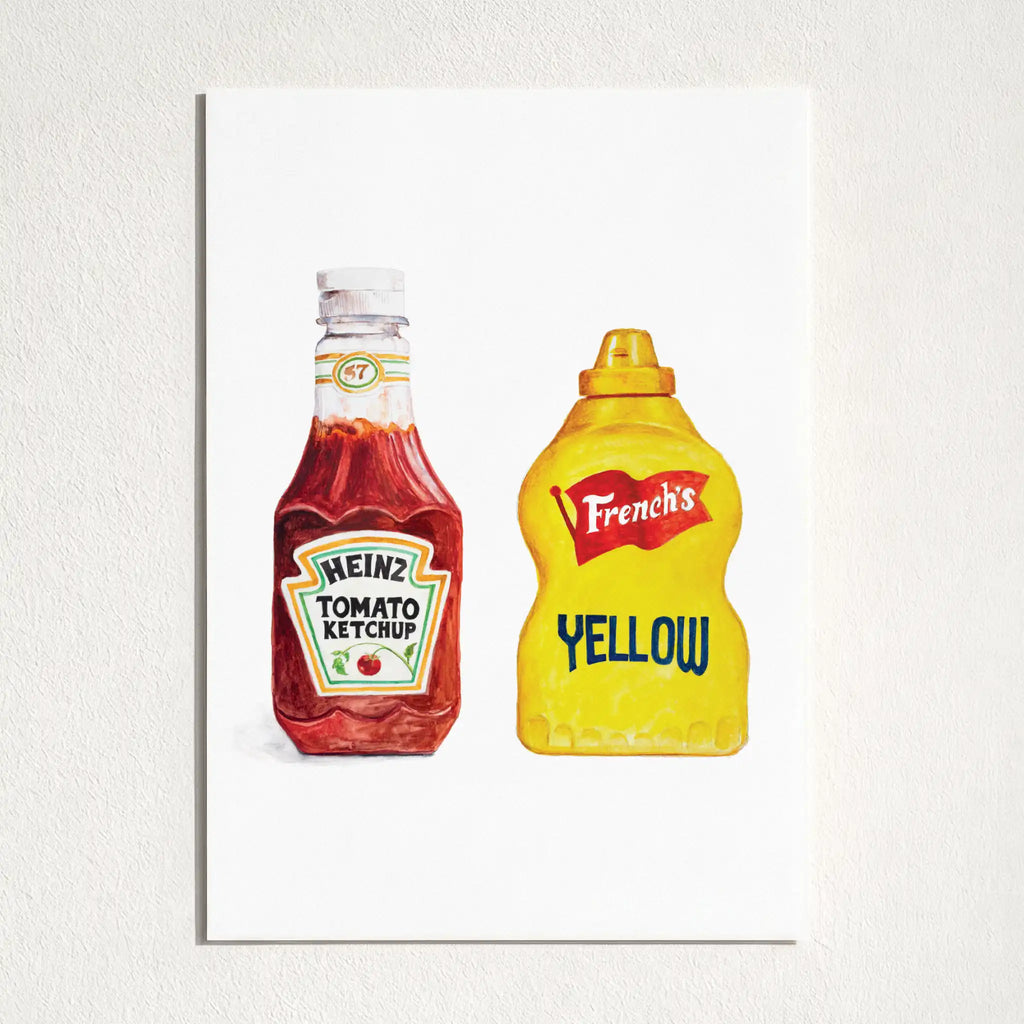 A vertical art print depicting a watercolor-style Heinz Tomato Ketchup bottle and a French's Yellow mustard bottle side-by-side on a white background, mounted on a light textured wall.