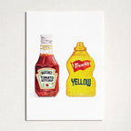 A vertical art print depicting a watercolor-style Heinz Tomato Ketchup bottle and a French's Yellow mustard bottle side-by-side on a white background, mounted on a light textured wall.