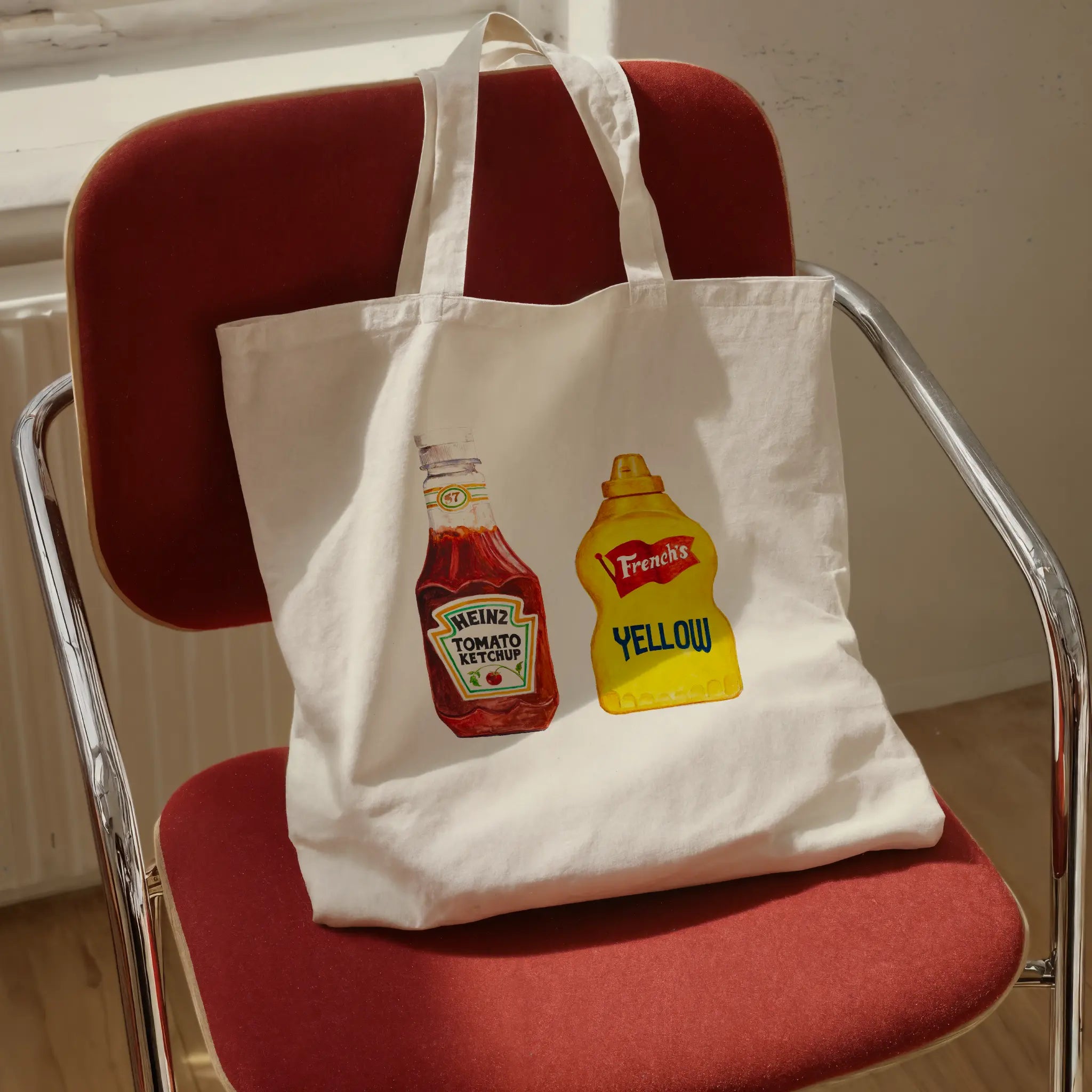heinz ketchup and french’s mustard watercolor illustration cotton tote bag for flat lay product view
