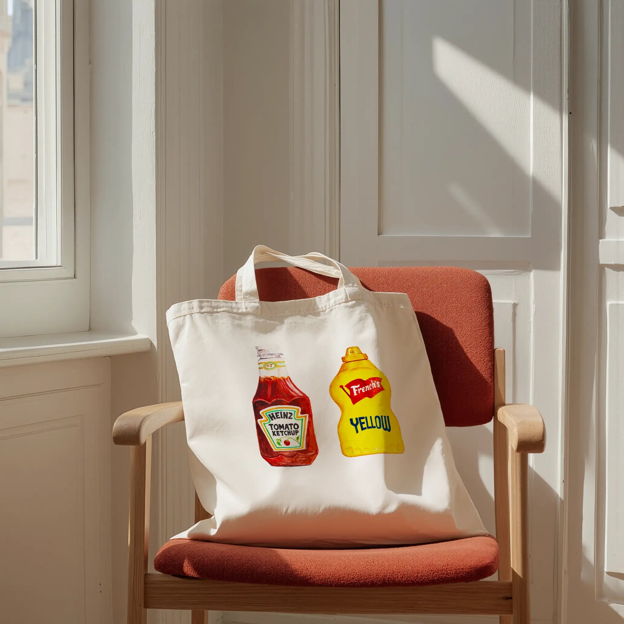 heinz ketchup and french’s mustard watercolor illustration cotton tote bag for modern interior