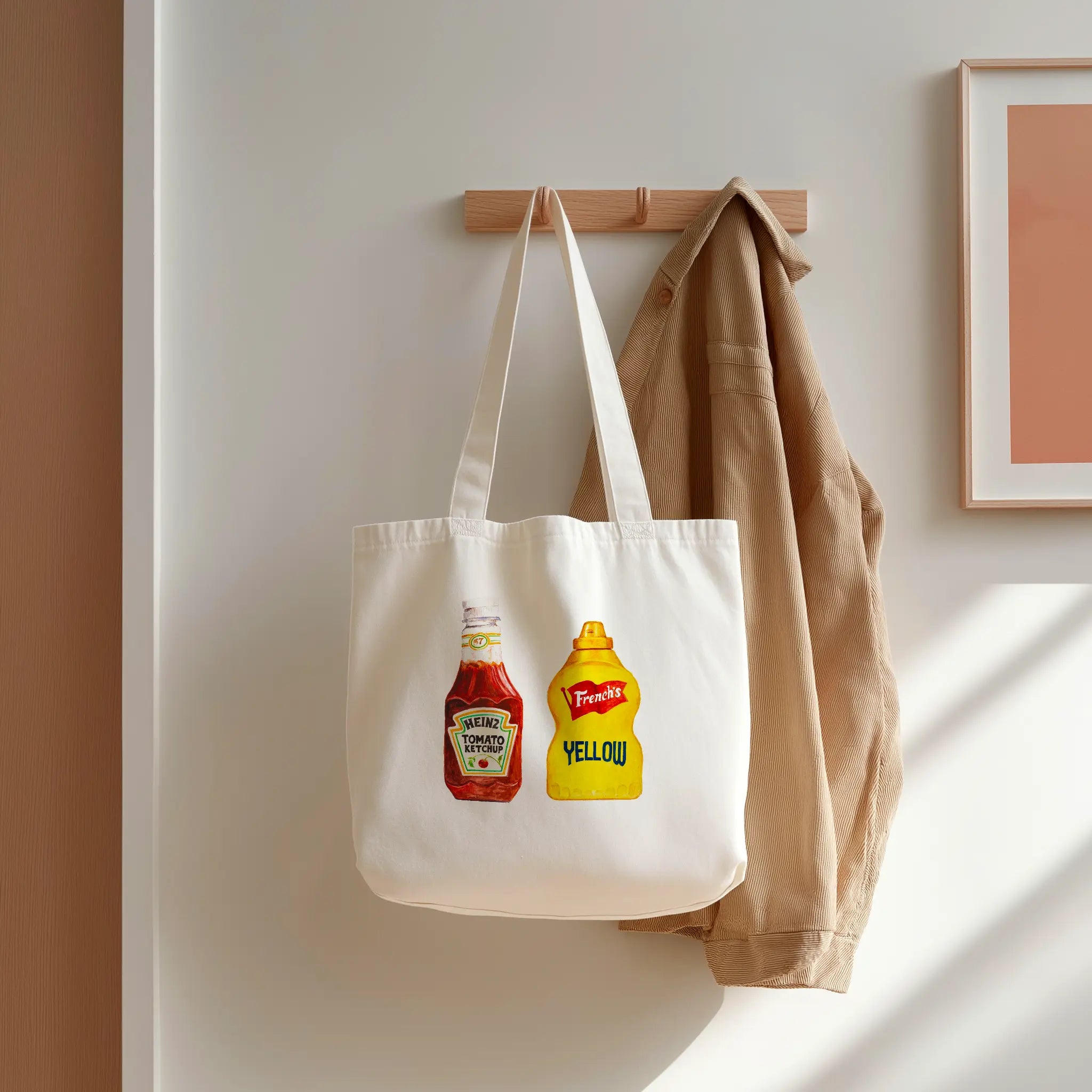heinz ketchup and french’s mustard watercolor illustration cotton tote bag for flat lay product view
