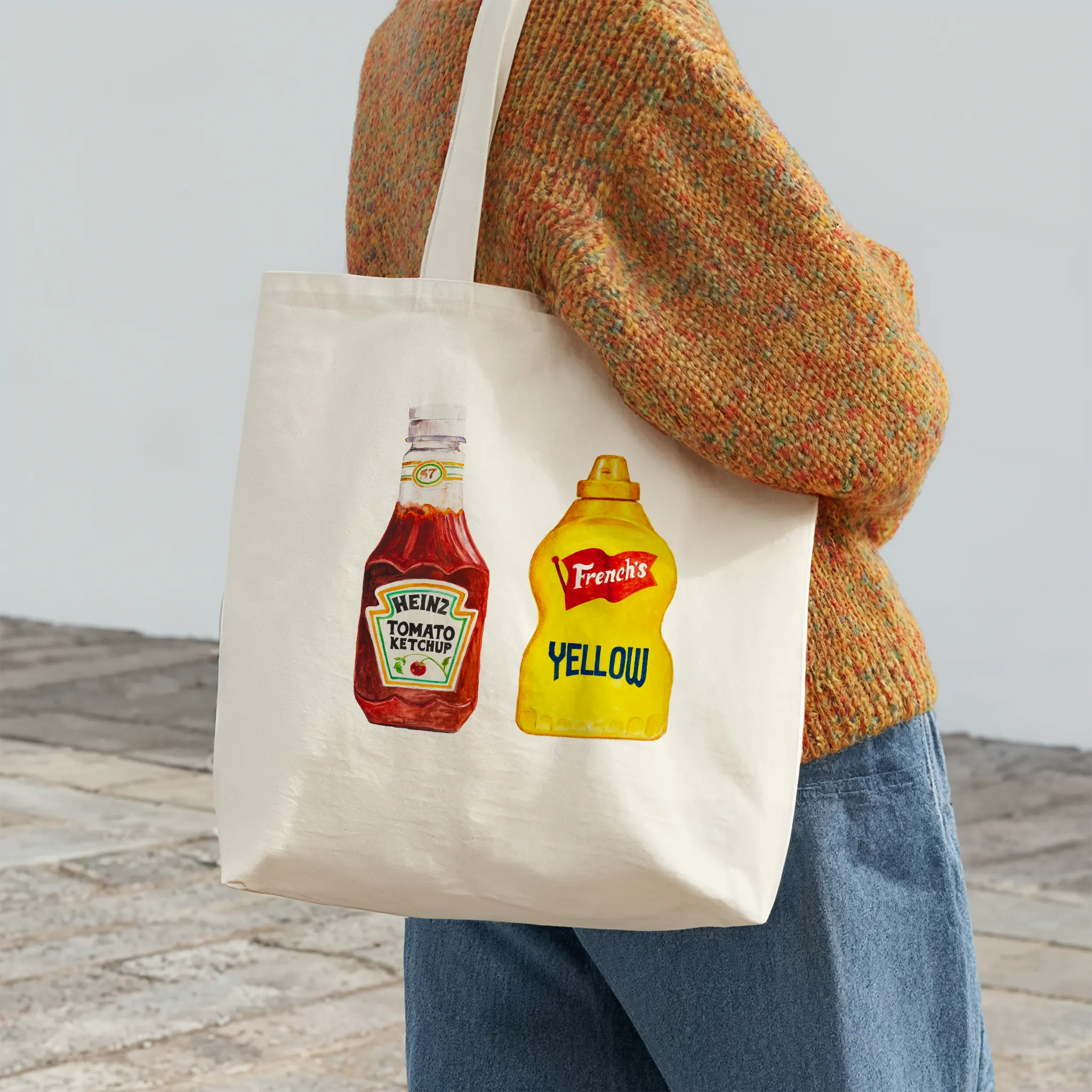 heinz ketchup and french's mustard watercolor illustration cotton tote bag for flat lay product view