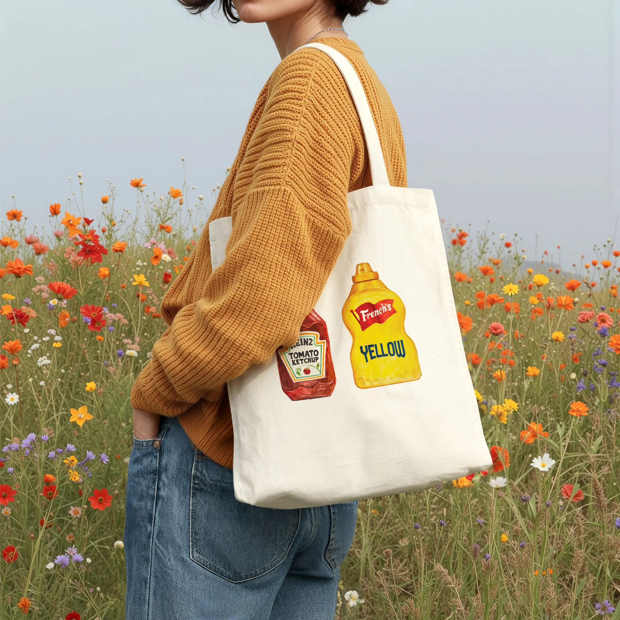 french's yellow mustard watercolor cotton tote bag, shown on model in a flower field