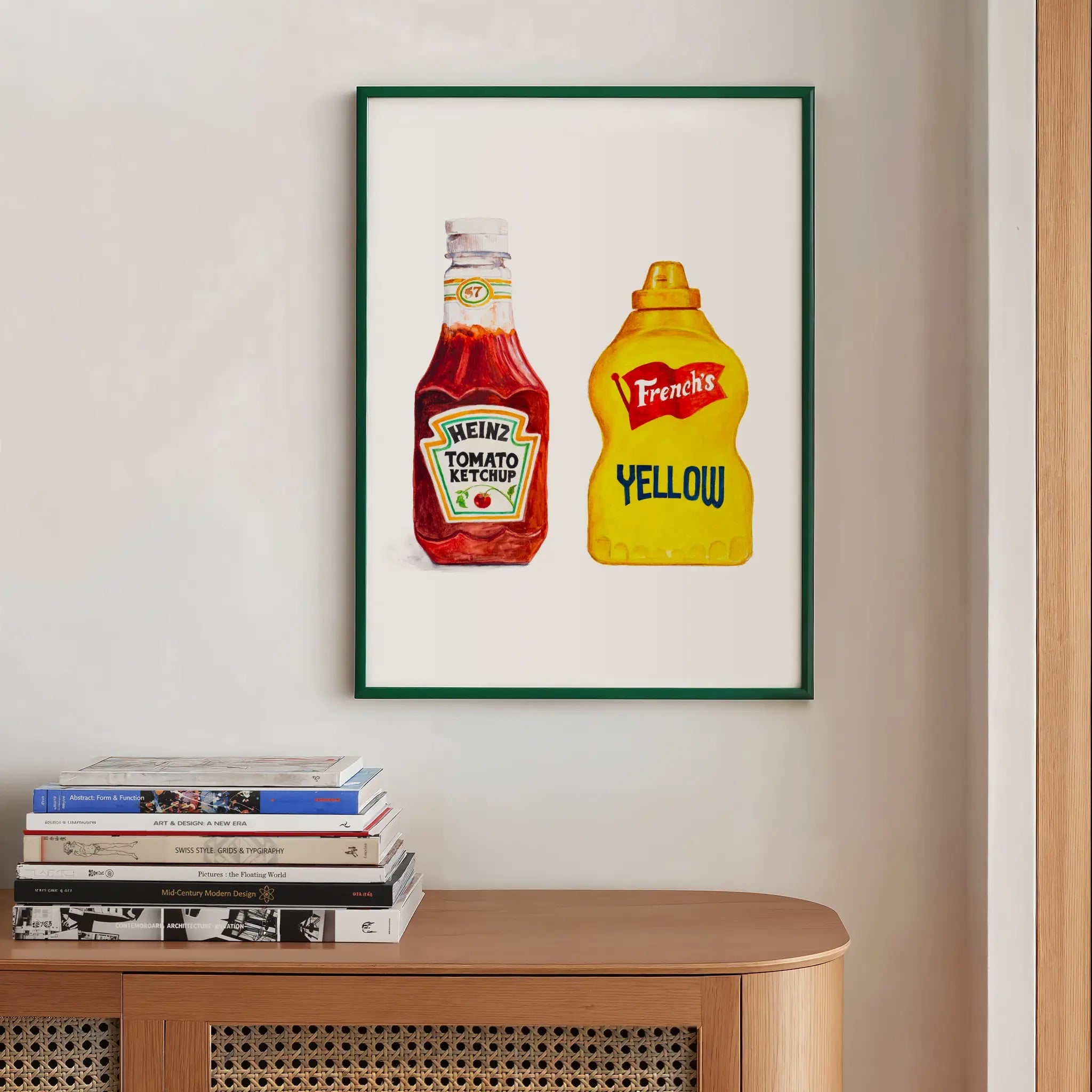 heinz ketchup and french's yellow mustard original watercolor design art print for modern interior wall art