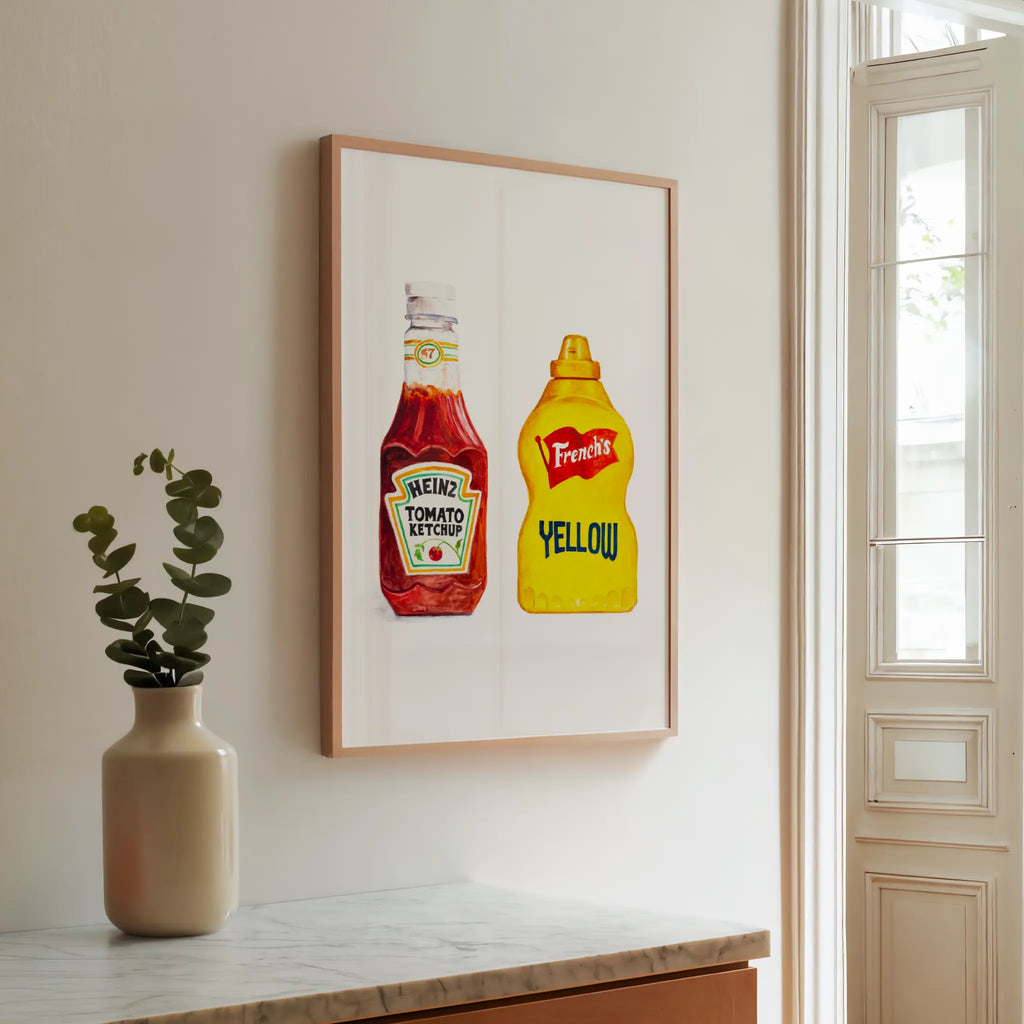 heinz ketchup and french’s yellow mustard watercolor print, wall art in a modern interior