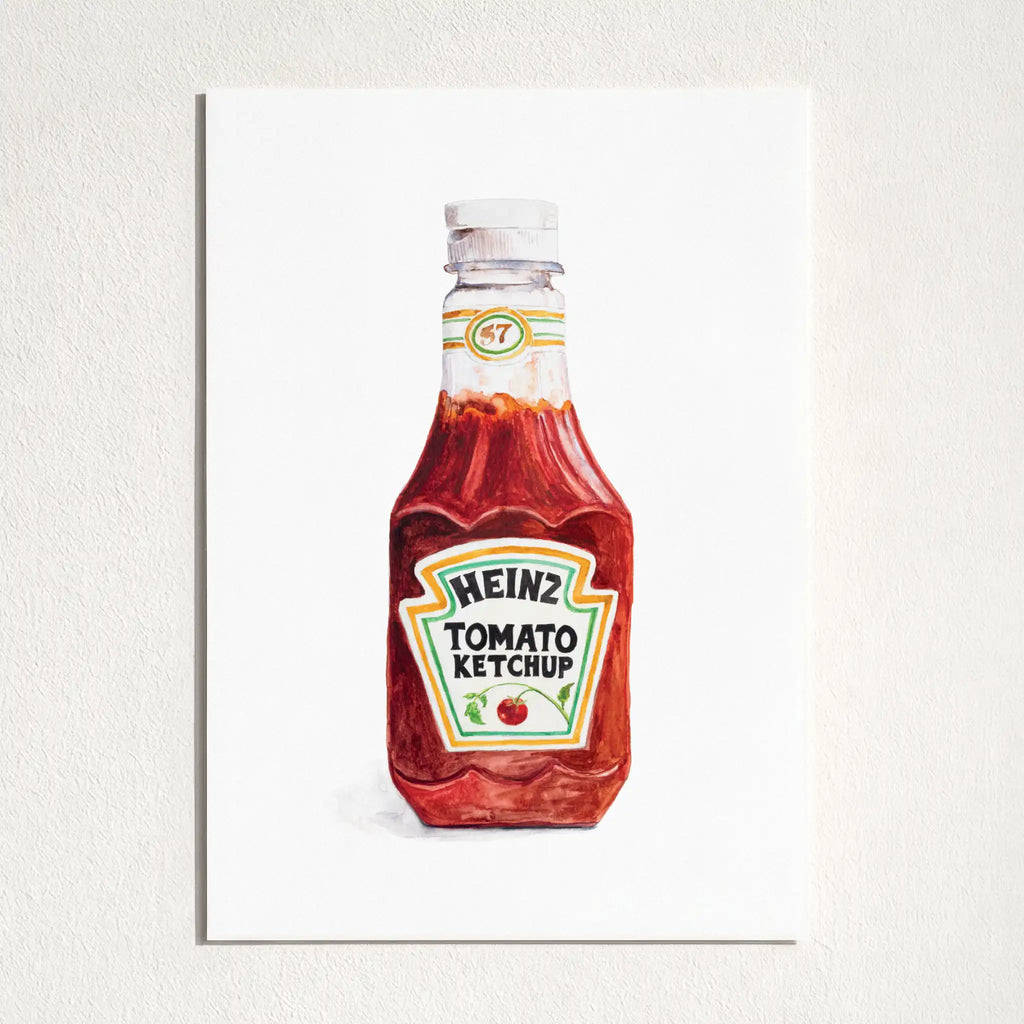 A square art print featuring a hand-painted style illustration of a classic Heinz Tomato Ketchup bottle, displayed against a textured off-white wall.