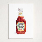 A square art print featuring a hand-painted style illustration of a classic Heinz Tomato Ketchup bottle, displayed against a textured off-white wall.