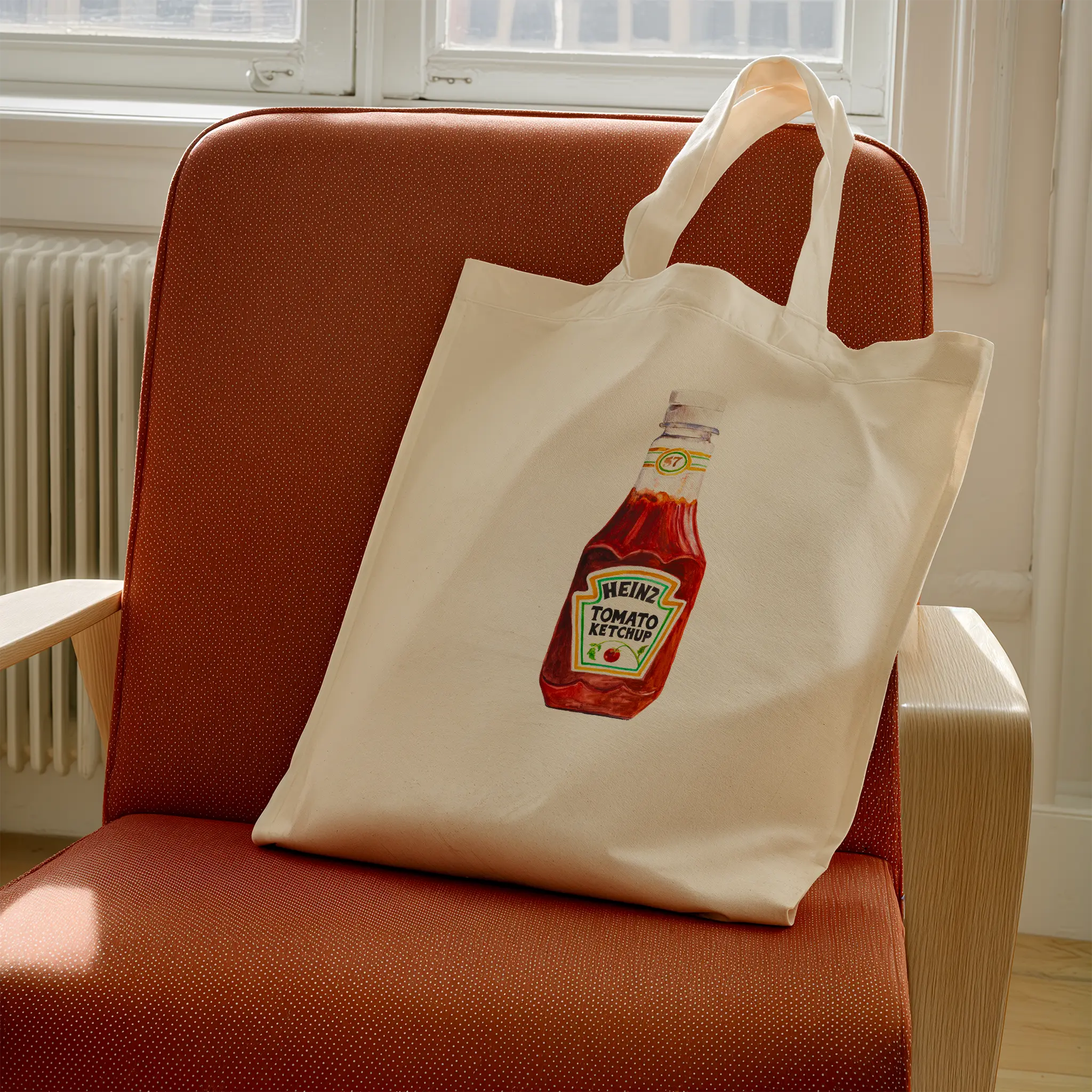 heinz tomato ketchup watercolor illustration cotton tote bag in a modern interior