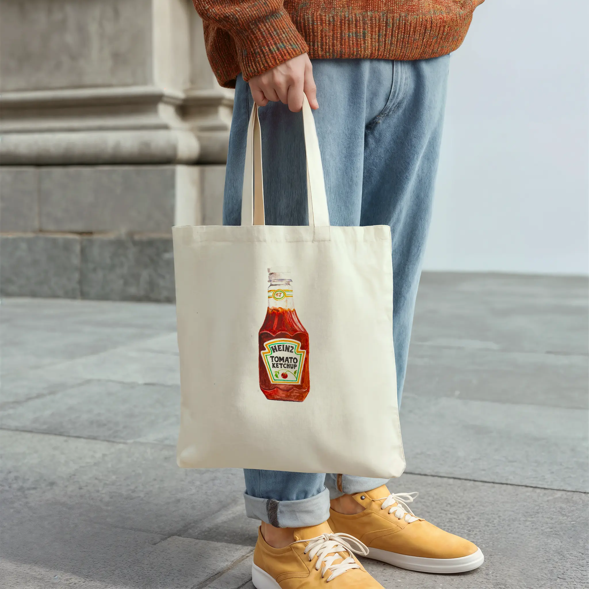 heinz tomato ketchup watercolor illustration cotton tote bag for flat lay product view