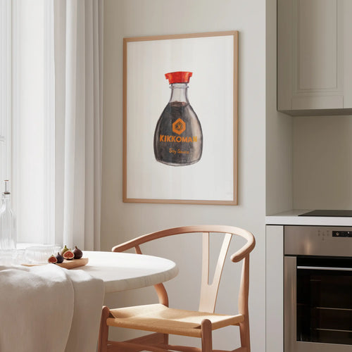 Kikkoman soy sauce watercolor print, framed wall art in a modern kitchen interior
