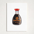 A vertical art print featuring a watercolor illustration of a Kikkoman soy sauce bottle, mounted on a textured white wall.