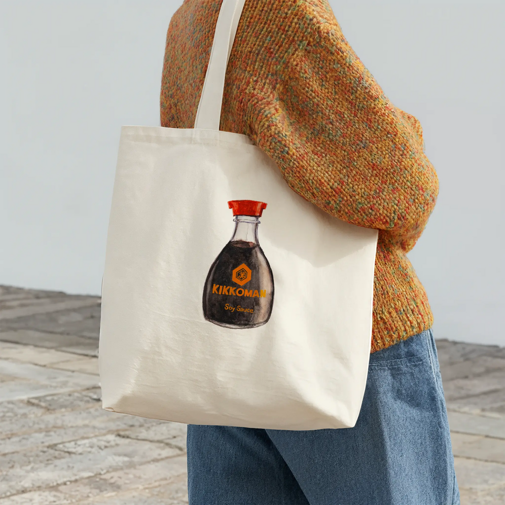 kikkoman soy sauce original watercolor design cotton tote bag shown in flat lay product view
