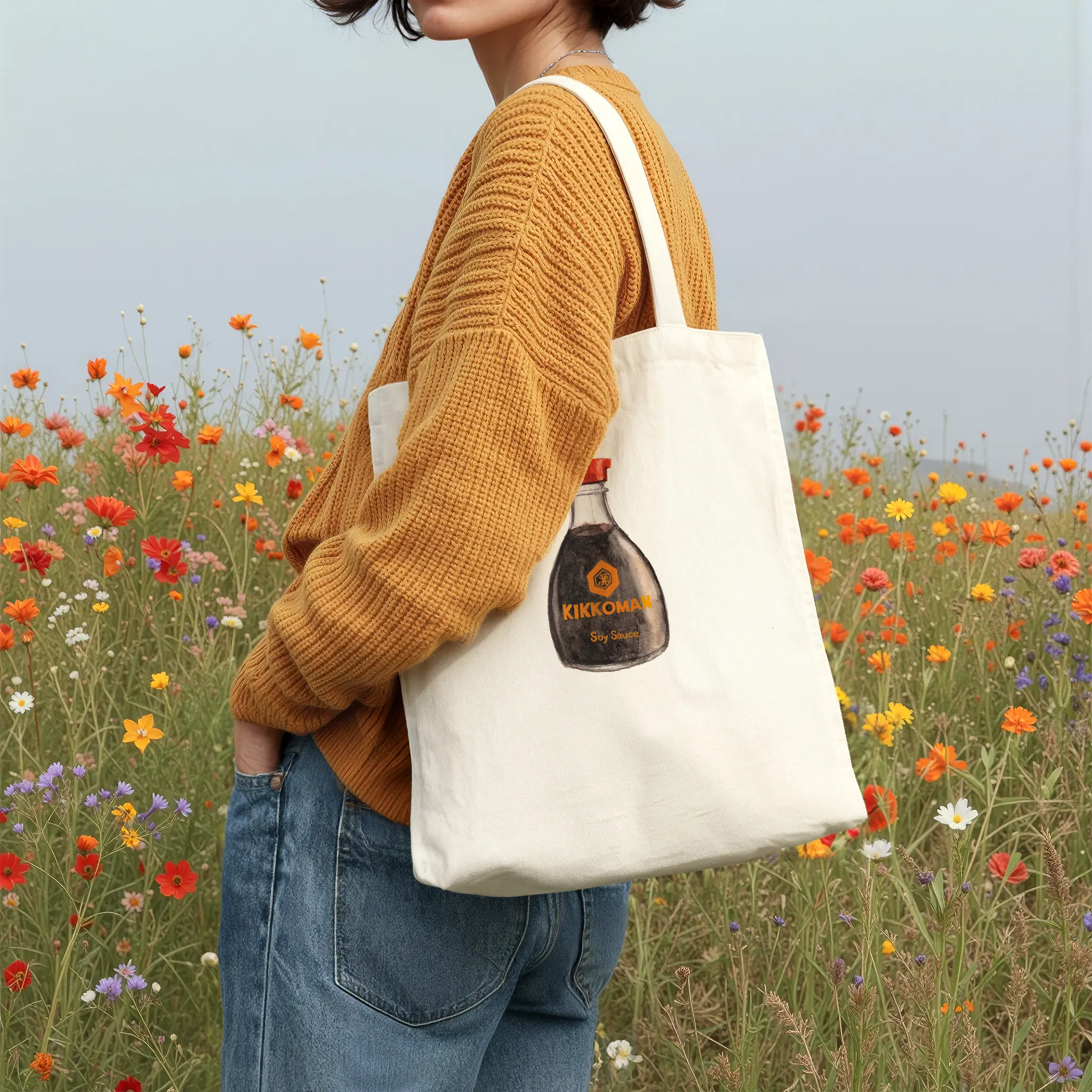 kikkoman soy sauce original watercolor design cotton tote bag for outdoor everyday carry