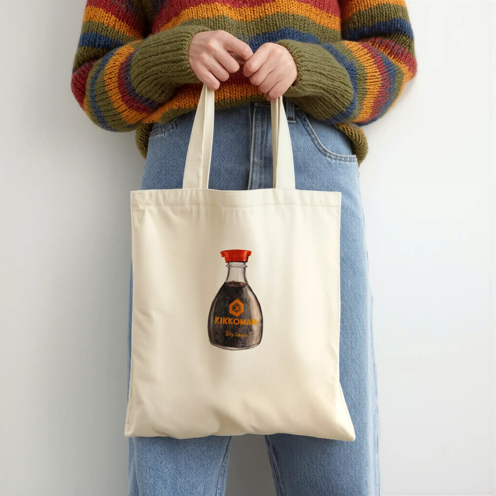 kikkoman soy sauce watercolor illustration cotton tote bag, flat lay product view
