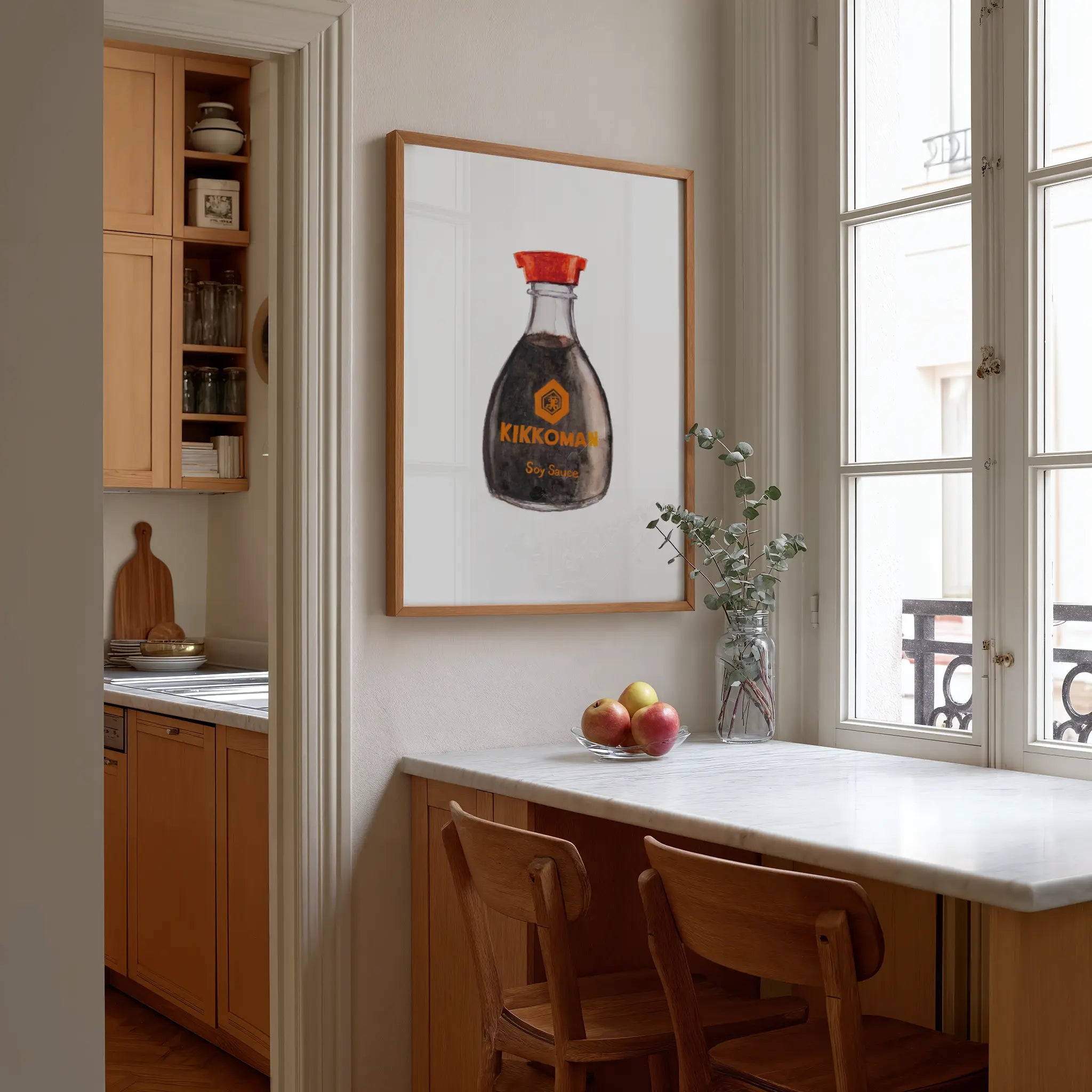Kikkoman soy sauce watercolor print, framed wall art in a modern kitchen interior
