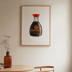 Kikkoman soy sauce watercolor print, framed wall art in a modern kitchen interior