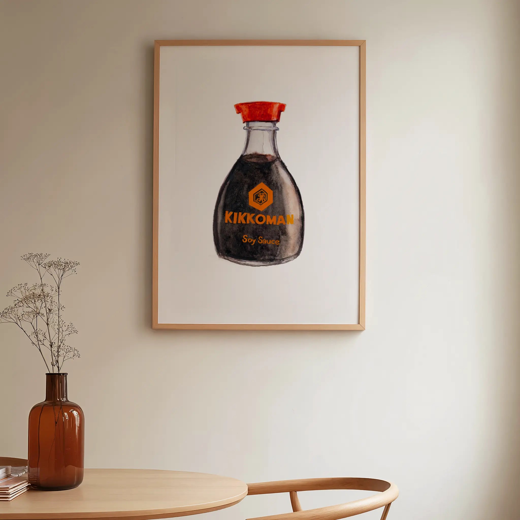 Kikkoman soy sauce watercolor print, framed wall art in a modern kitchen interior