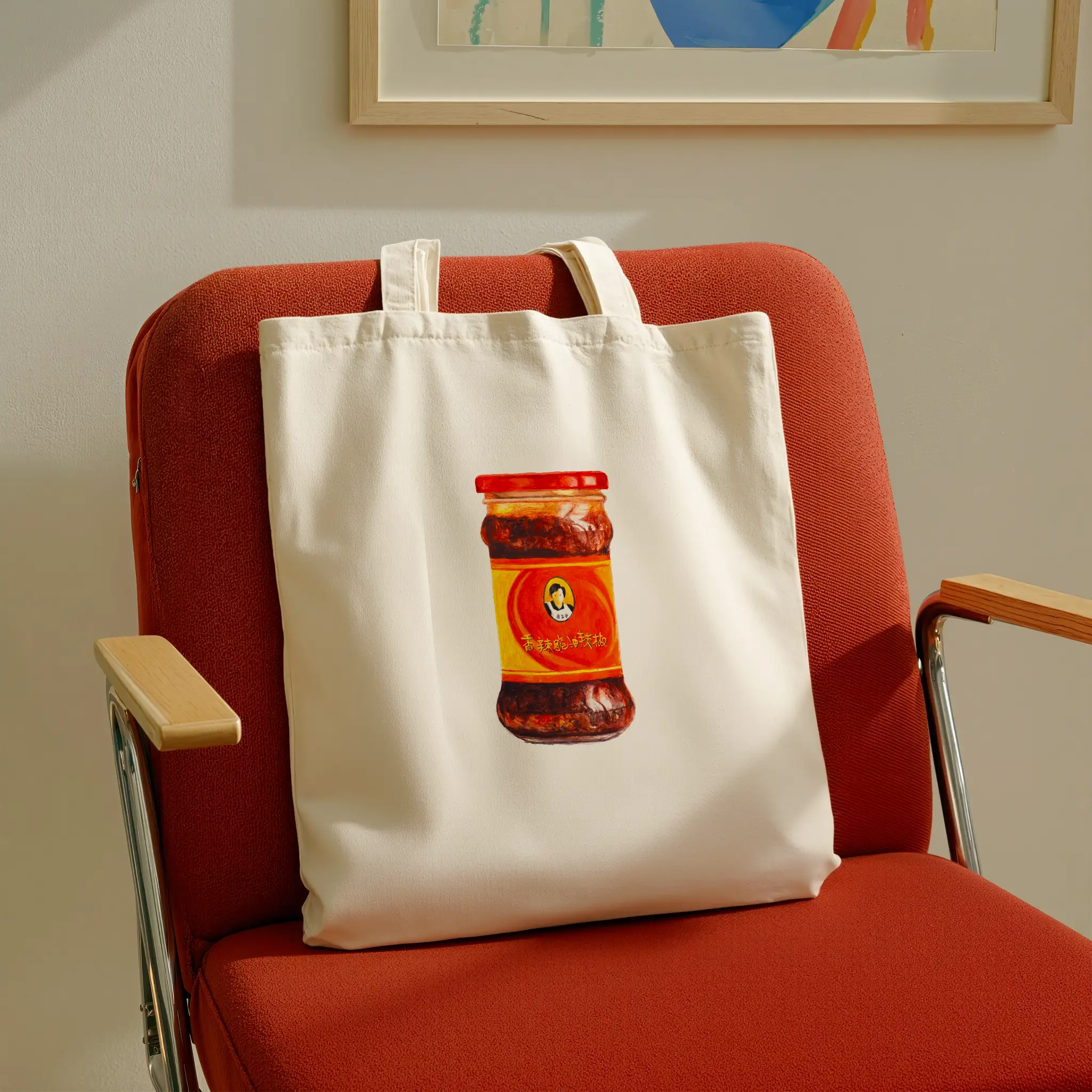 spicy chili crisp cotton tote bag, watercolor illustration for modern interior decor
