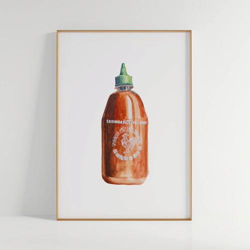 Framed artwork of a bottle of Huy Fong Sriracha sauce on a white background