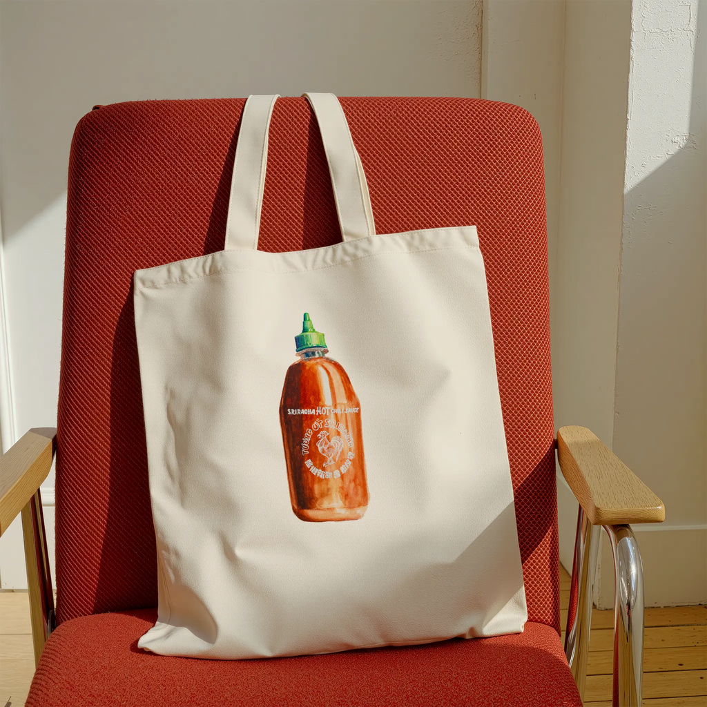 Beige tote bag with a sriracha bottle design on a red chair.