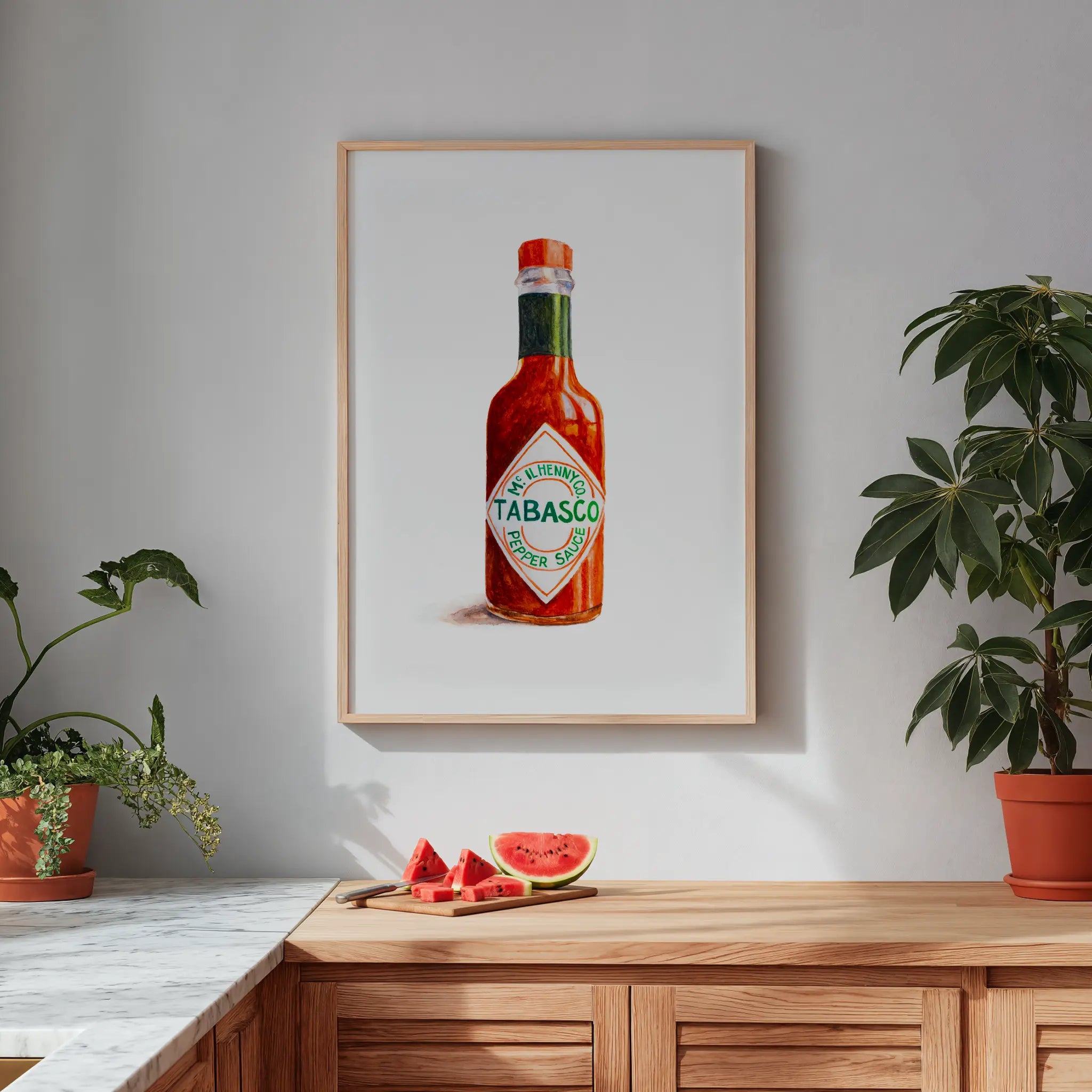 Tabasco watercolor art print, original watercolor design framed for modern kitchen wall decor