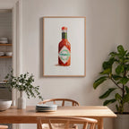 Tabasco watercolor print in a wood frame, wall art for a modern dining room interior