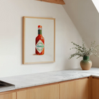 Tabasco watercolor print in a wood frame, wall art for a modern dining room interior