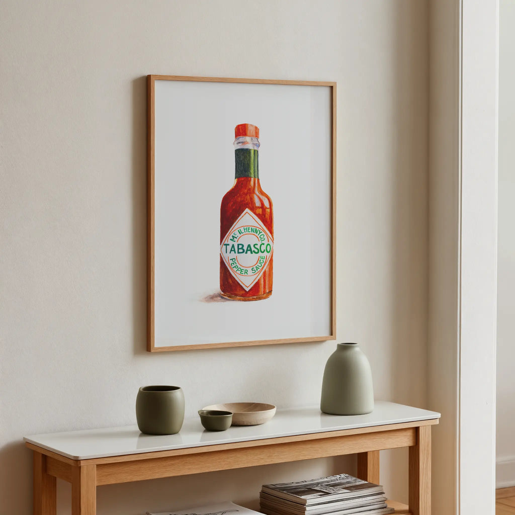 tabasco pepper sauce watercolor art print, framed bottle illustration for modern wall decor