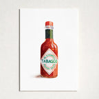 A watercolor art print of a classic Tabasco pepper sauce bottle, displayed on a textured white wall.