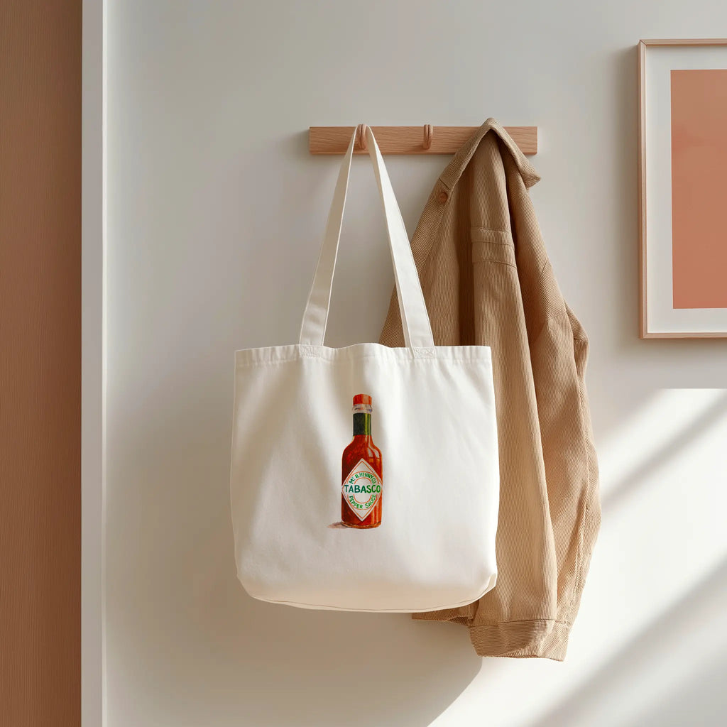 tabasco hot sauce watercolor illustration cotton tote bag for modern interior wall decor