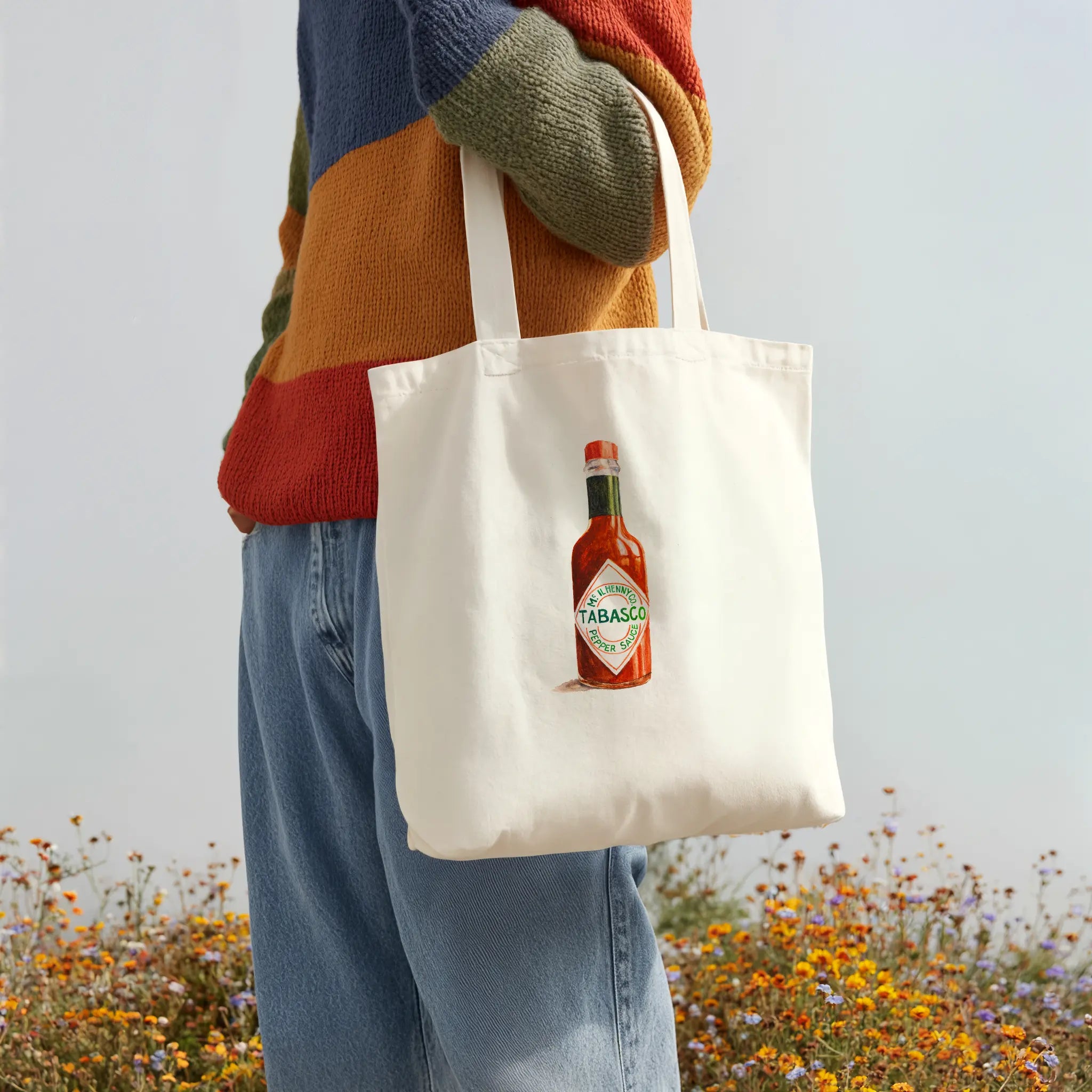 tabasco watercolor illustration cotton tote bag shown as a flat lay product view