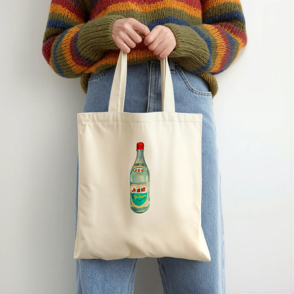 rice wine bottle original watercolor design cotton tote bag for flat lay product view