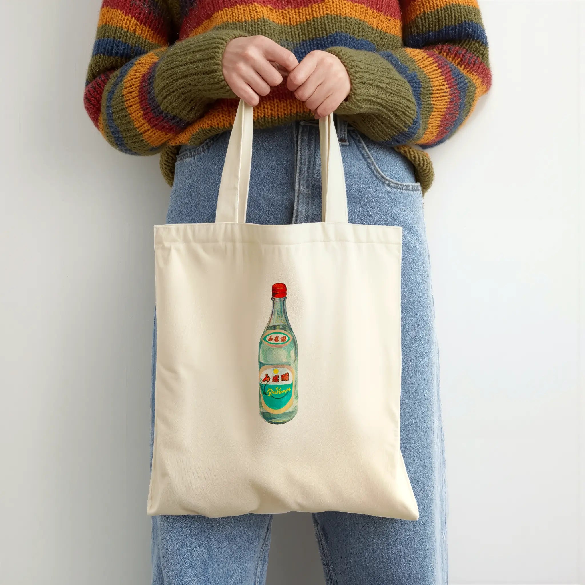 rice wine bottle original watercolor design cotton tote bag for flat lay product view