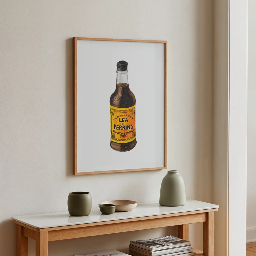 lea & perrins worcestershire sauce watercolor print, framed wall art for modern interior
