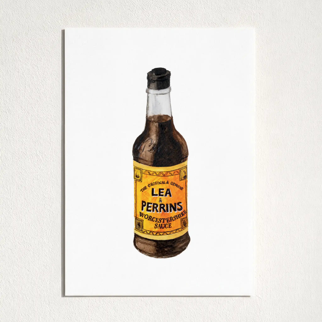 A square wall art print featuring a painted bottle of Lea Perrins Worcestershire Sauce, centered on a white background and mounted on a light textured wall.
