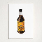 A square wall art print featuring a painted bottle of Lea Perrins Worcestershire Sauce, centered on a white background and mounted on a light textured wall.