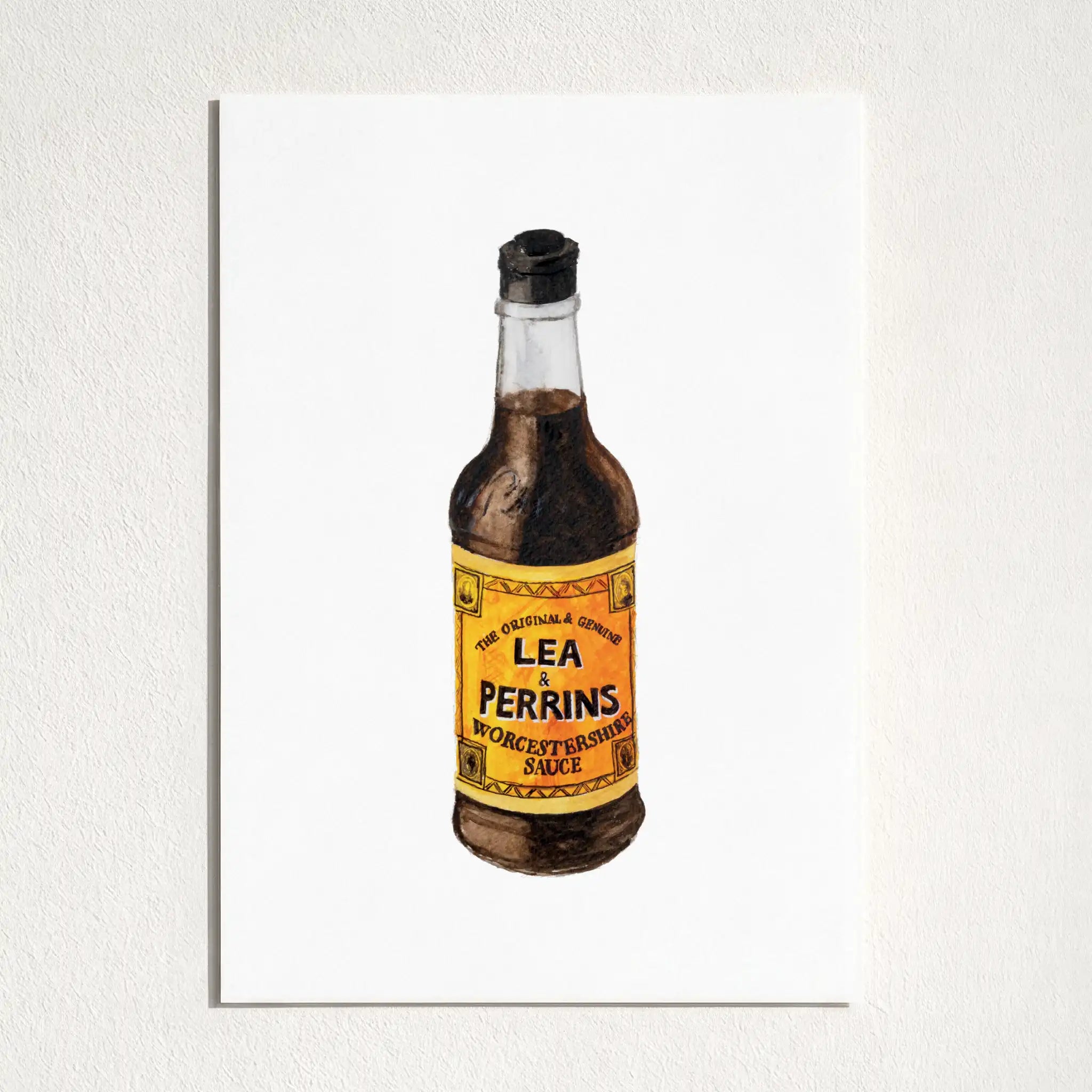 A square wall art print featuring a painted bottle of Lea Perrins Worcestershire Sauce, centered on a white background and mounted on a light textured wall.