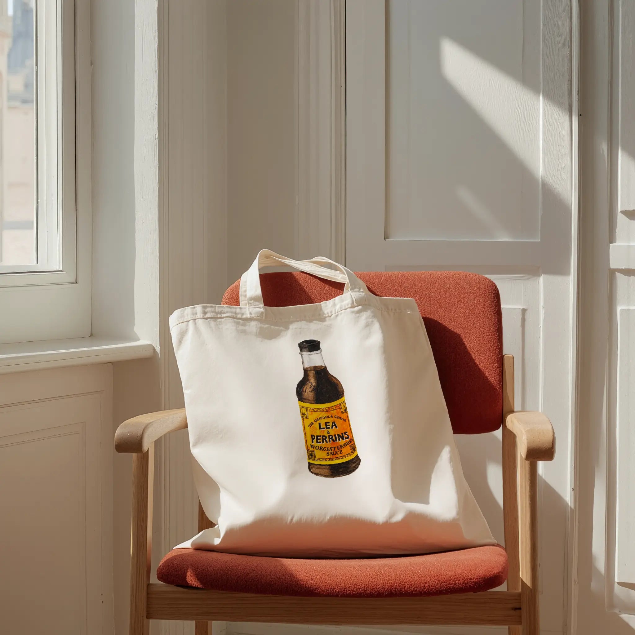 lea & perrins worcestershire sauce watercolor illustration cotton tote bag for modern interior